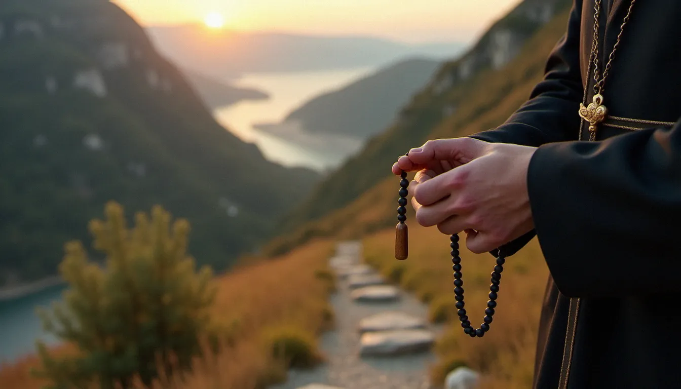 Mains d'un pèlerin tenant un chapelet en bois sur le chemin de pierre de la colline des Apparitions de Medjugorje au lever du jour