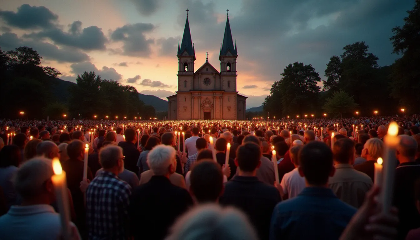 Foule de pèlerins rassemblés en procession aux flambeaux devant l'église Saint-Jacques de Medjugorje lors d'une veillée de prière au crépuscule