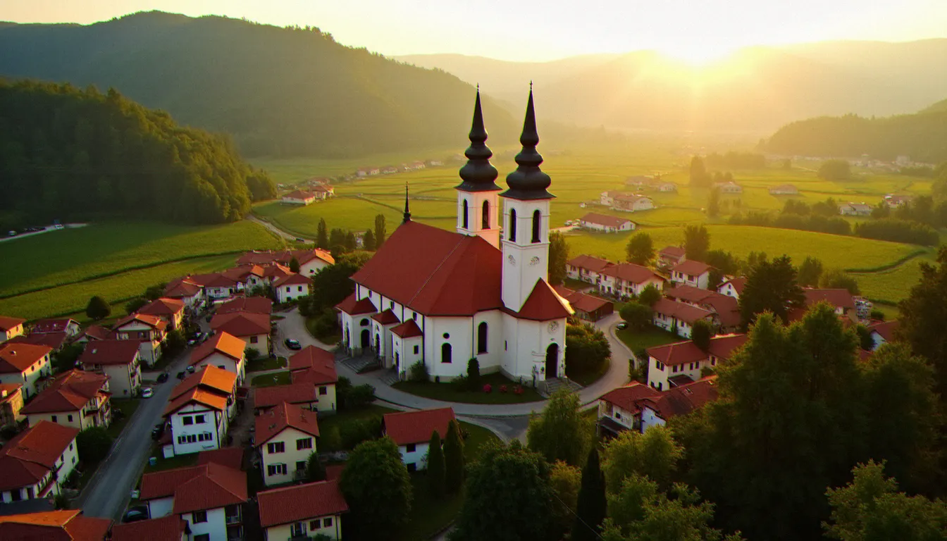 Vue aérienne du village de Medjugorje en Bosnie-Herzégovine, lieu du pèlerinage de la Vierge, avec l'église Saint-Jacques et ses deux clochers au coucher du soleil