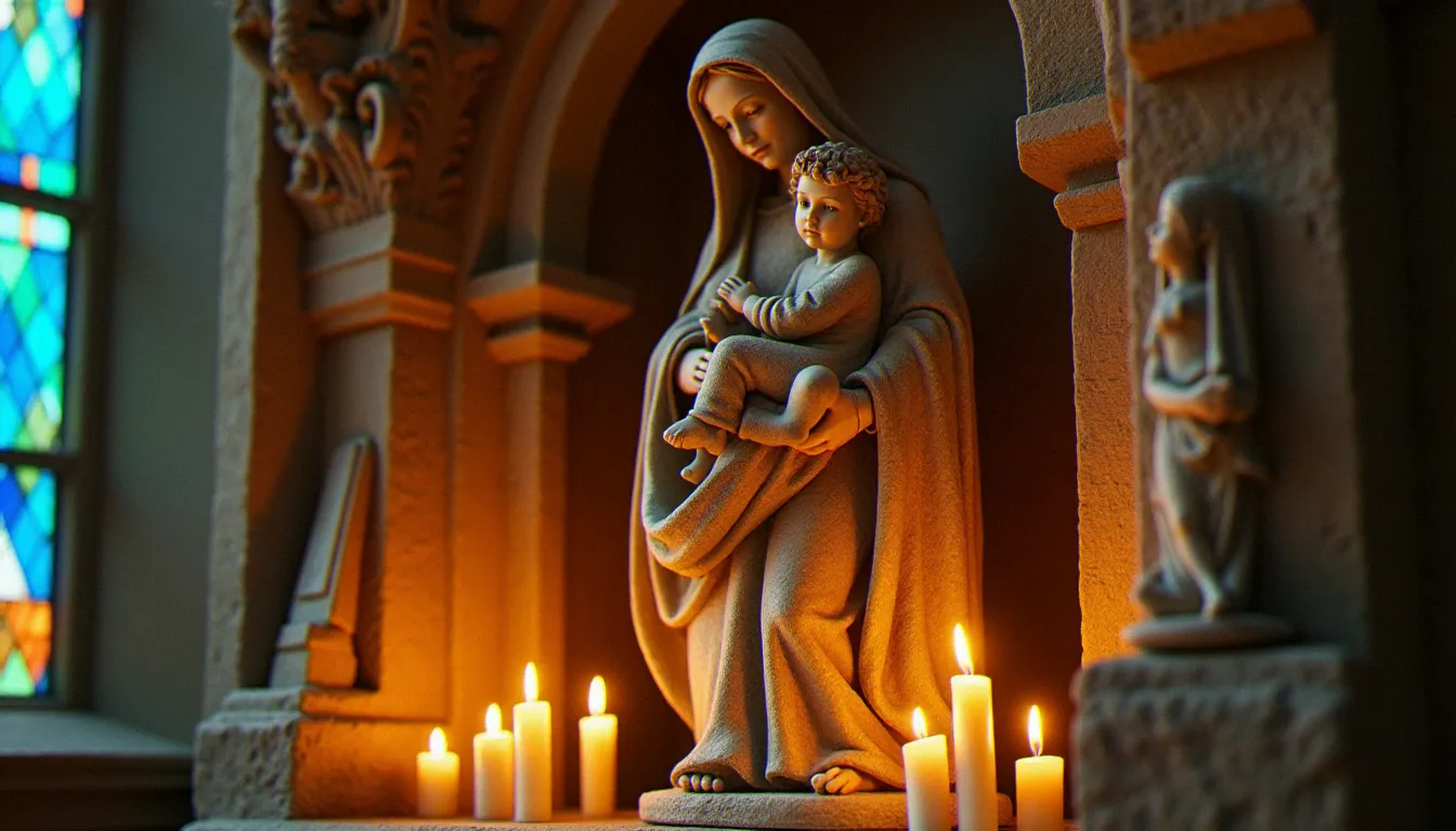 Statue de la Vierge Marie tenant l'Enfant Jésus dans une chapelle française illuminée par des bougies et des vitraux, illustrant le titre marial de Mère du Rédempteur