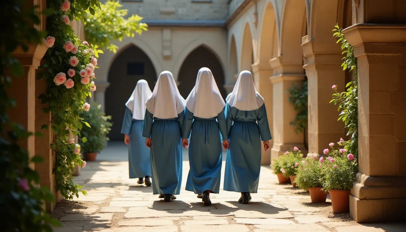 Des religieuses en habit marial blanc et bleu marchant en prière dans un cloître ensoleillé, évoquant la vie consacrée des Petites Sœurs de Marie Mère du Rédempteur