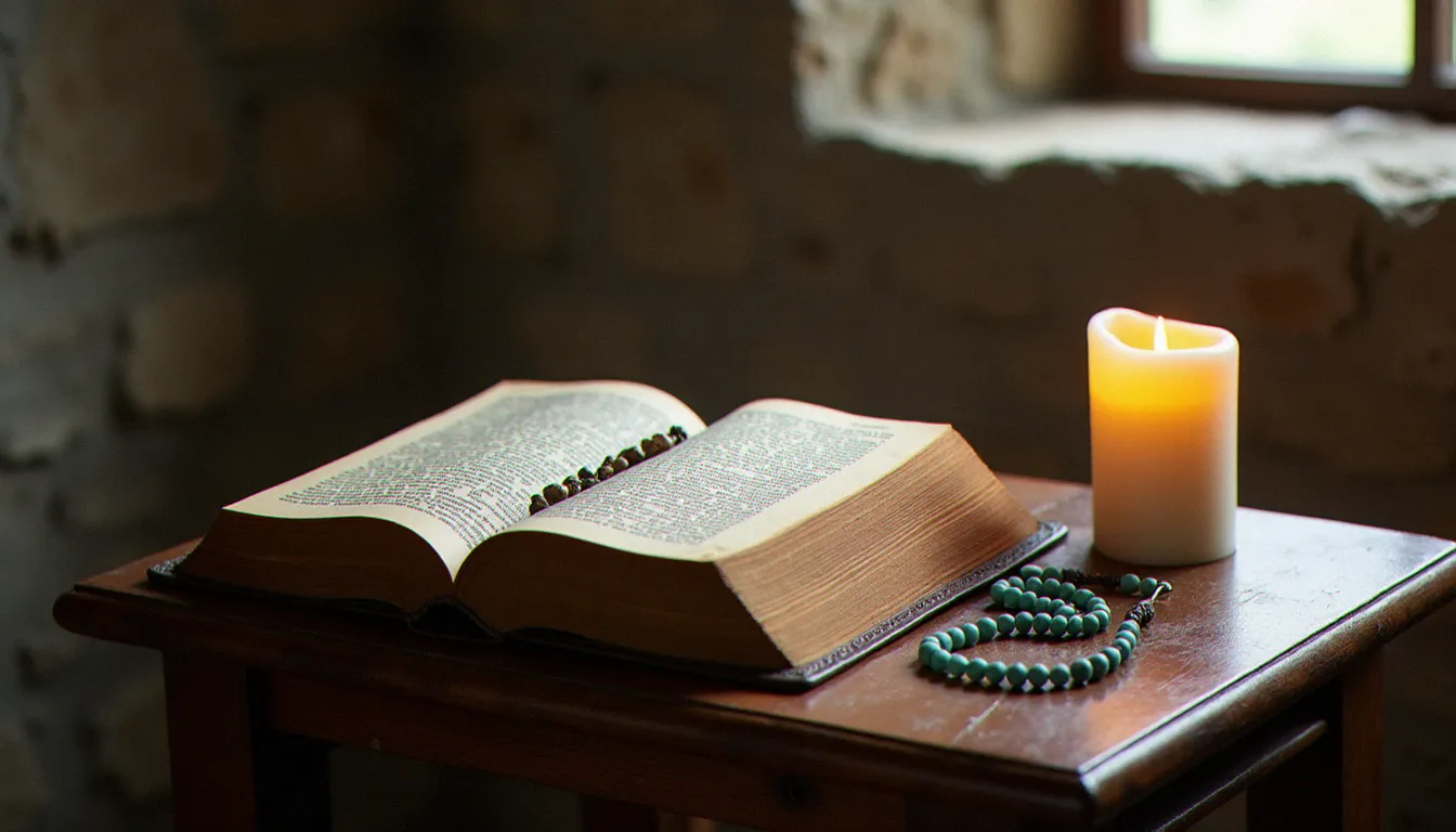 Livre de prières ancien et chapelet en perles bleues posés sur un prie-Dieu en bois dans une église, symbolisant la récitation de la prière mariale traditionnelle