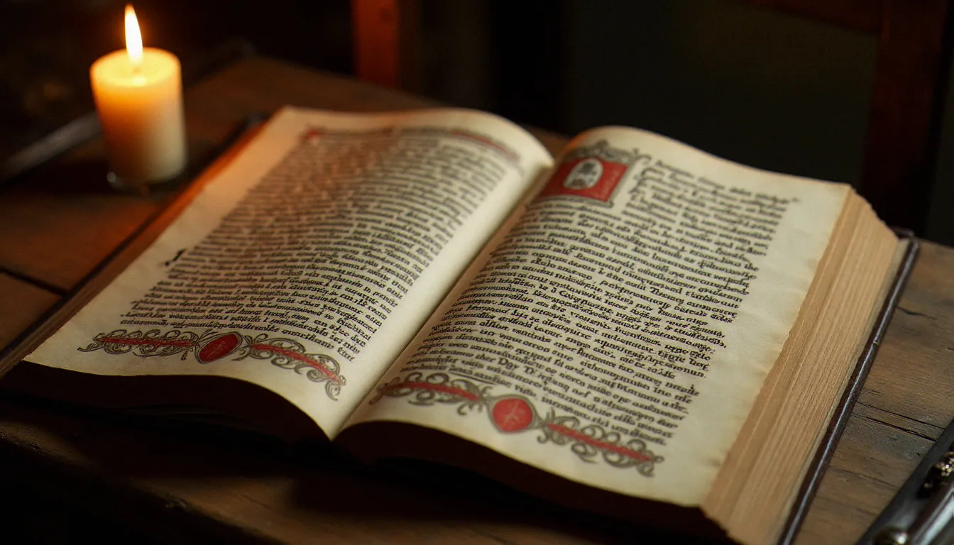Manuscrit médiéval enluminé ouvert sur une table en bois, évoquant les textes anciens des prières mariales