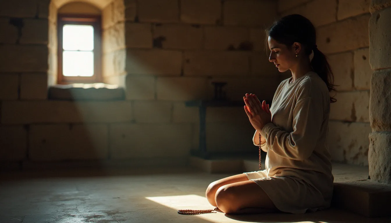 Femme en prière contemplative dans une chapelle de pierre, tenant un chapelet, pratiquant une dévotion mariale quotidienne
