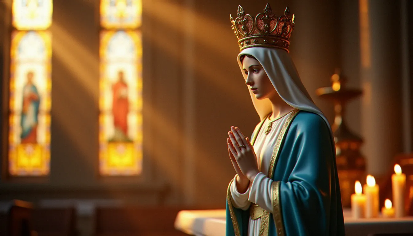 Statue de la Vierge Marie couronnée dans une chapelle catholique, illustrant la prière de Marie Reine Immaculée