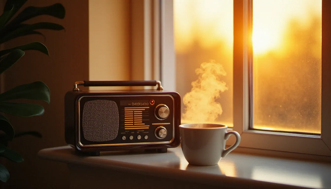 Une radio FM allumée sur un rebord de fenêtre au lever du soleil, tasse de café fumante à côté, évoquant l'écoute de la prière du matin en radio
