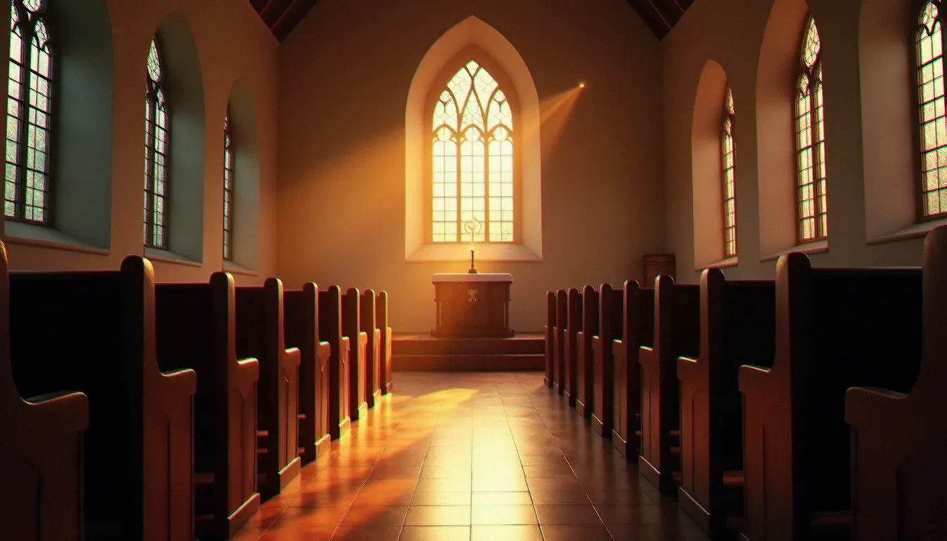 Chapelle catholique baignée de lumière matinale à travers des vitraux, bancs vides et cierge allumé sur l'autel, atmosphère de prière silencieuse du matin