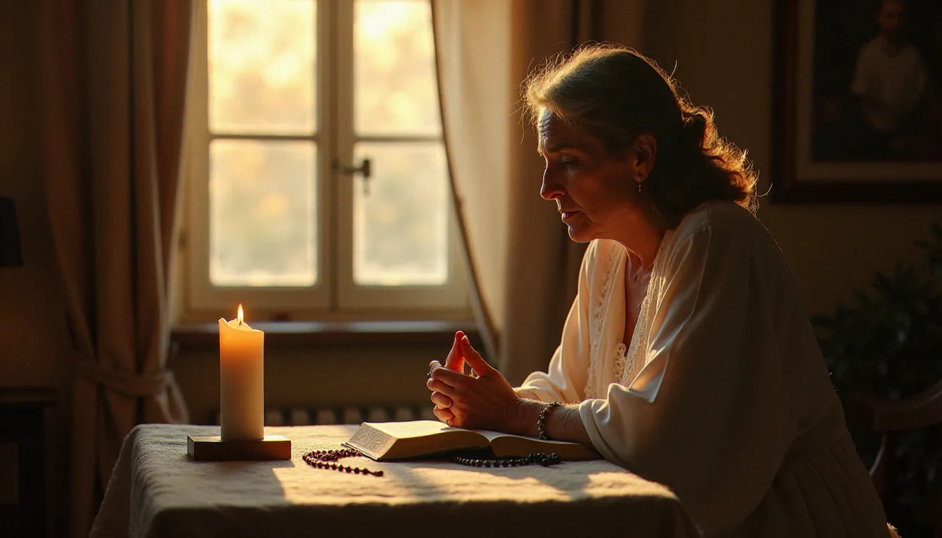 Une femme en prière du matin dans un intérieur chaleureux, chapelet et livre ouvert sur la table, lumière dorée de l'aurore — évoquant la prière du matin Radio Maria