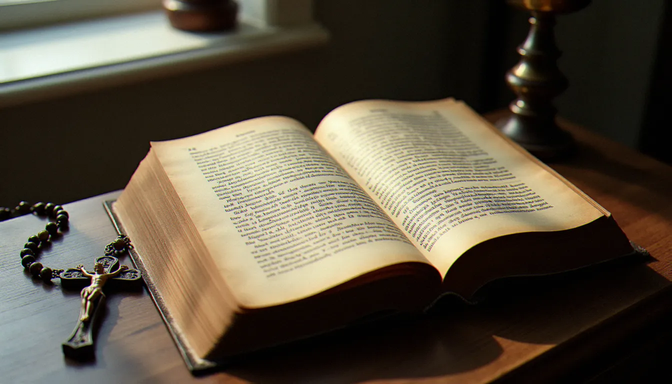 Vieux livre de prières ouvert avec texte latin manuscrit, crucifix et chapelet posés sur une table en bois sombre