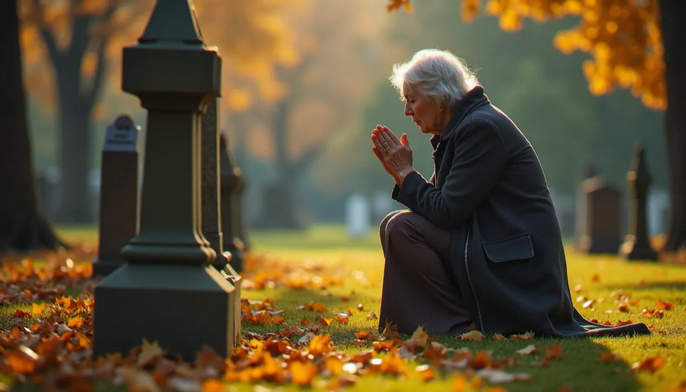 Femme âgée en prière agenouillée devant une tombe dans un cimetière en automne, symbolisant la prière pour le repos de l'âme d'un défunt
