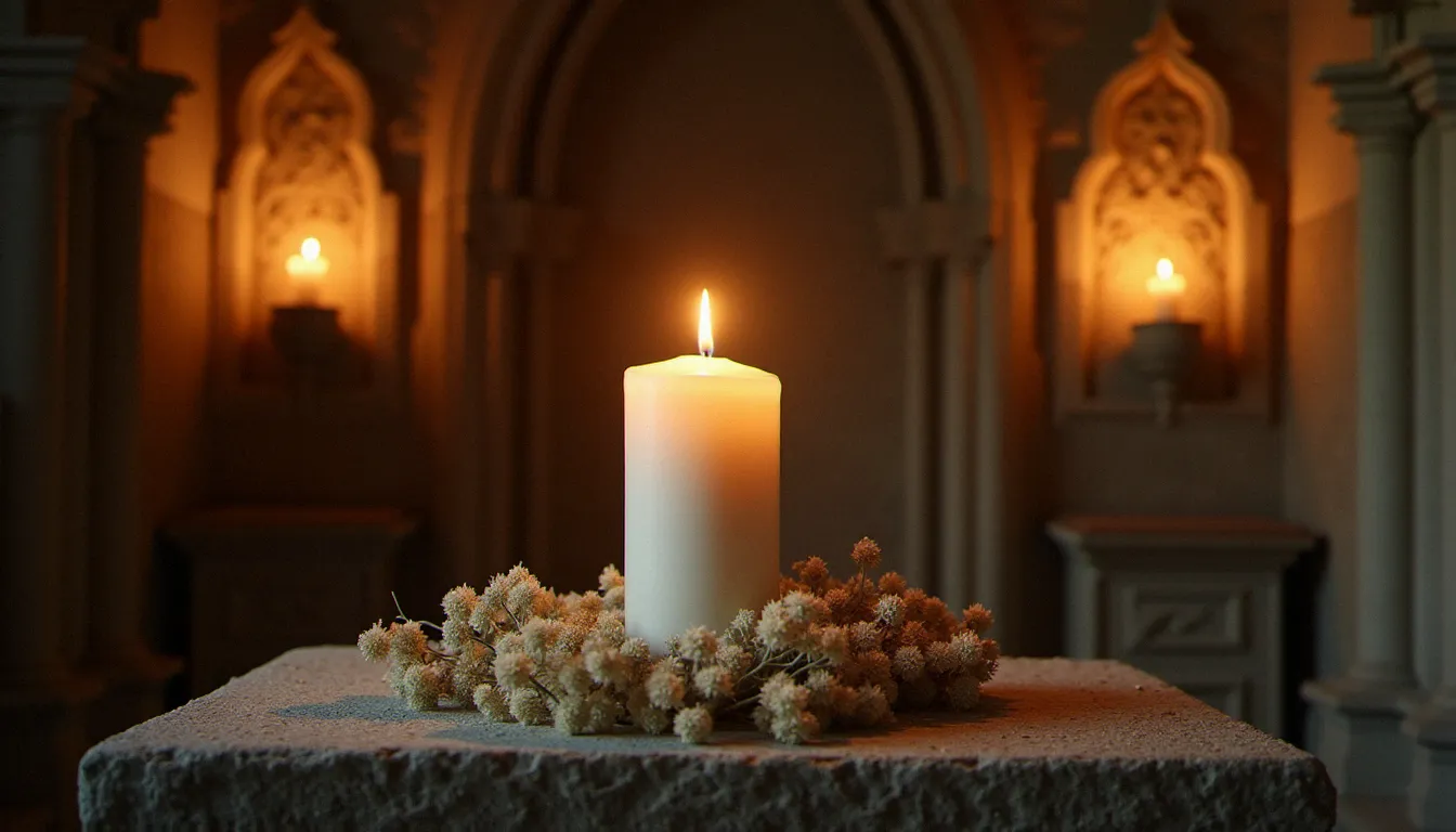Bougie allumée sur un autel de pierre dans une chapelle romane, évoquant une prière pour le repos de l'âme