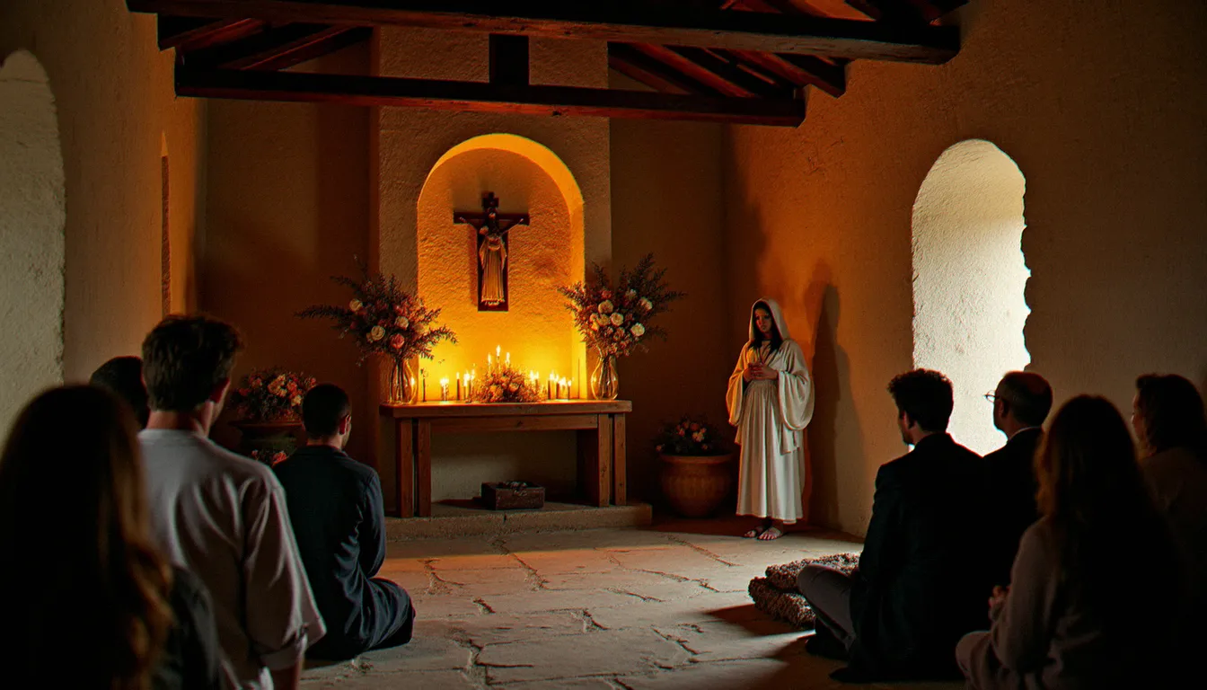 La grange de l'apparition de Pontmain transformée en chapelle, éclairée aux bougies, avec des pèlerins en prière devant le lieu de l'apparition mariale