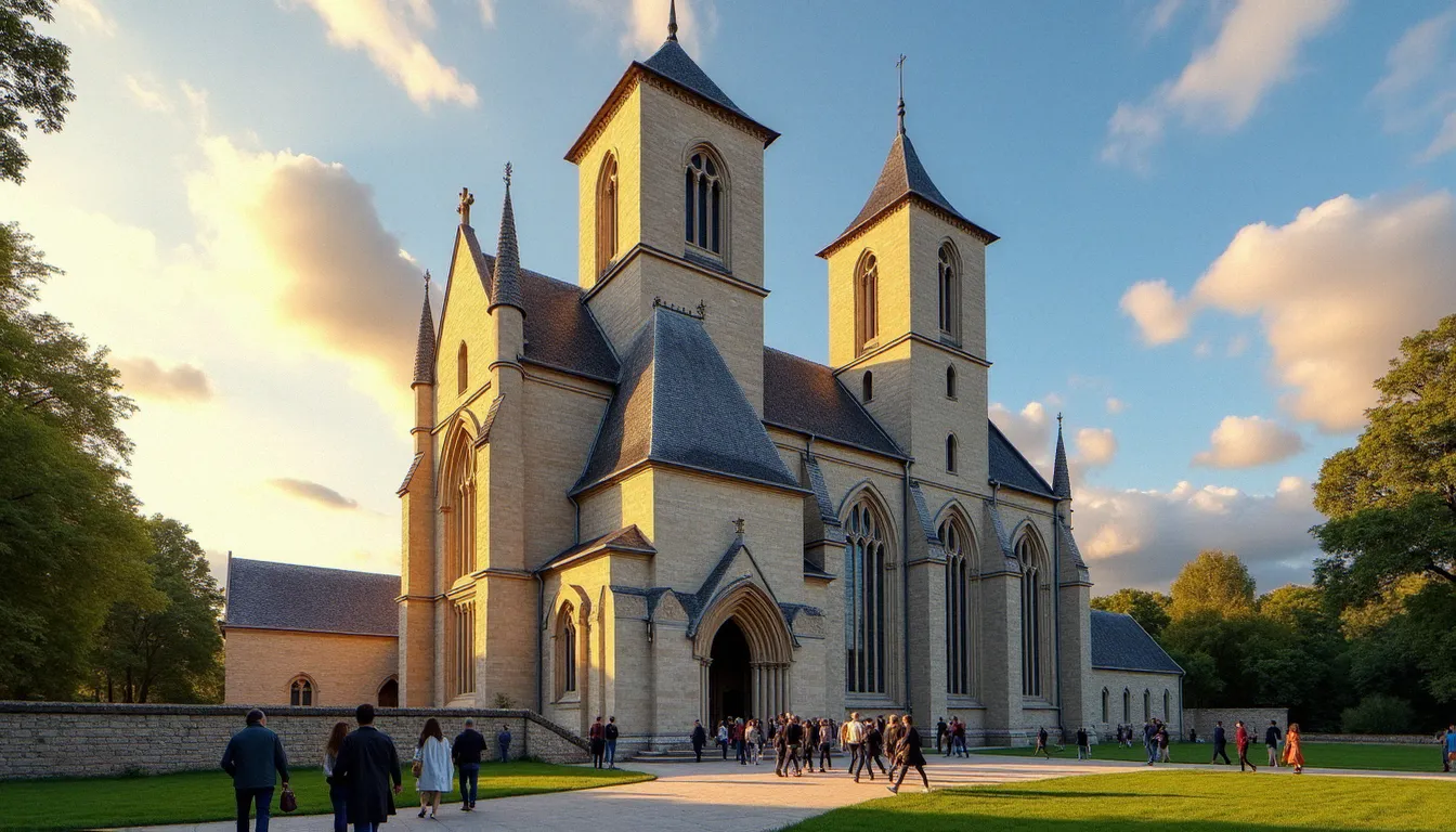 La basilique Notre-Dame de Pontmain, sanctuaire de Pontmain en Mayenne, vue extérieure avec sa façade néo-gothique sous la lumière dorée