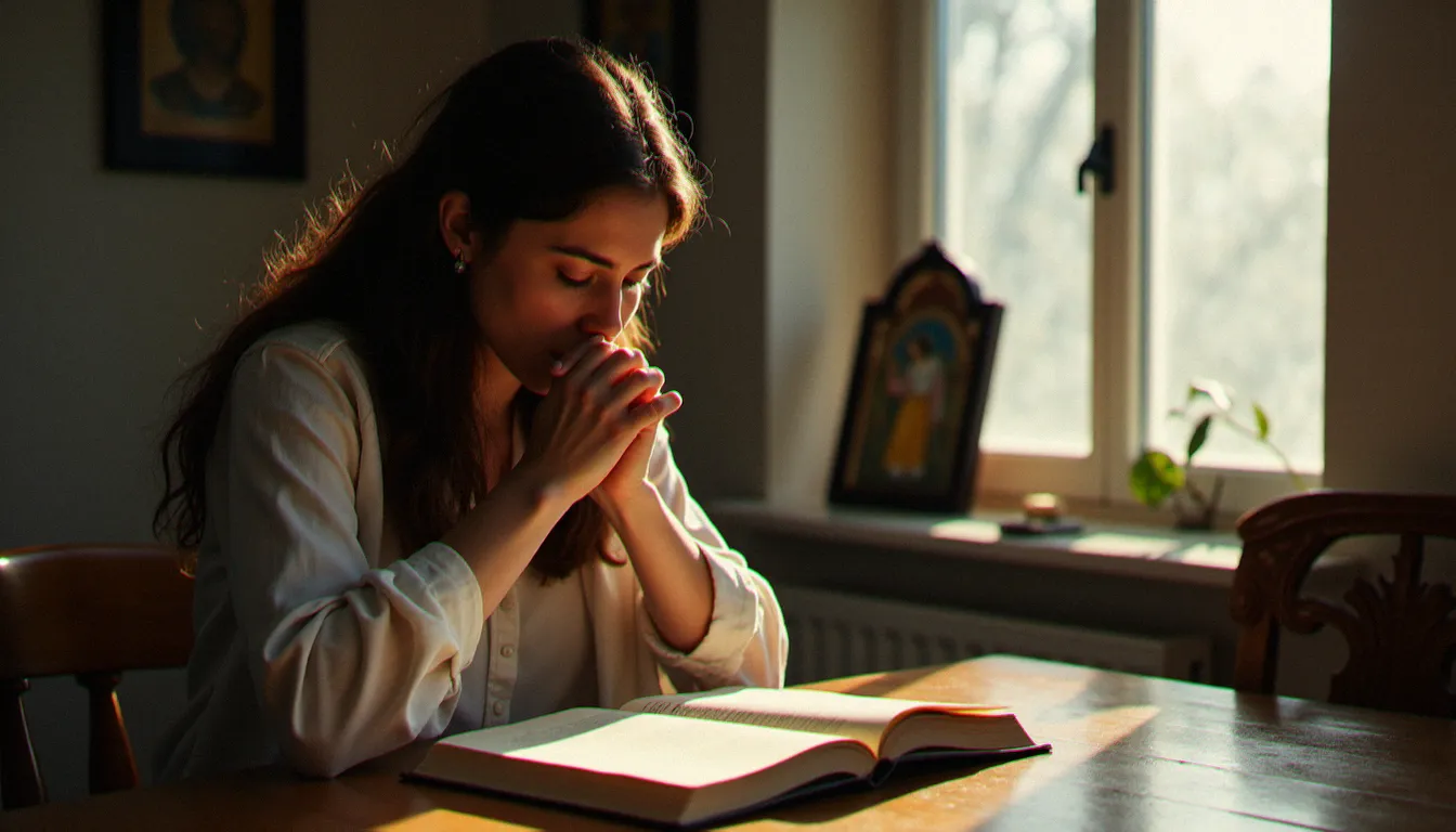 Une femme en prière à son bureau devant un journal ouvert et une icône du Christ, évoquant la pratique quotidienne de la consécration spirituelle