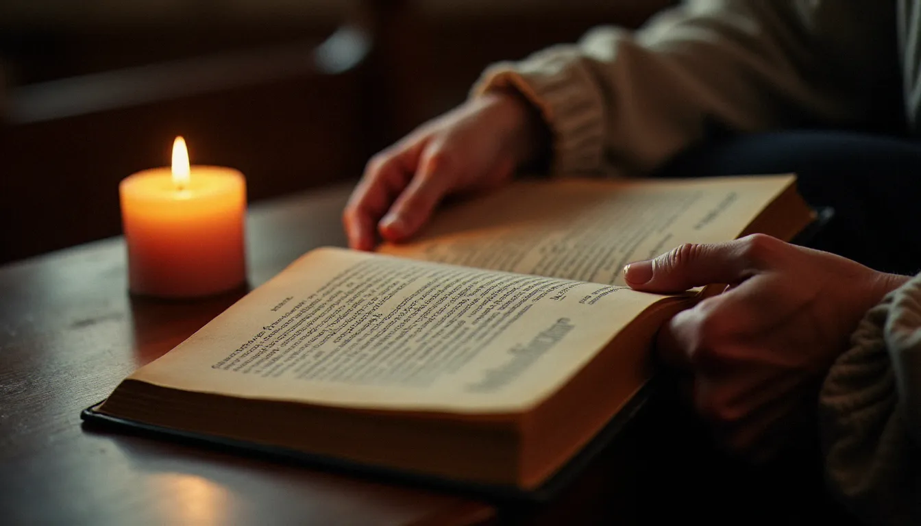 Mains tenant un livre de prières usé ouvert sur un acte de consécration, à la lumière d'une bougie dans une église, illustrant la transformation intérieure par la vie consacrée à Jésus