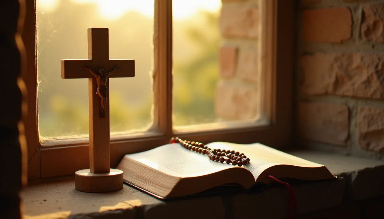 Un crucifix en bois posé sur un appui de fenêtre en pierre, avec une Bible ouverte et un chapelet, illustrant la consécration 