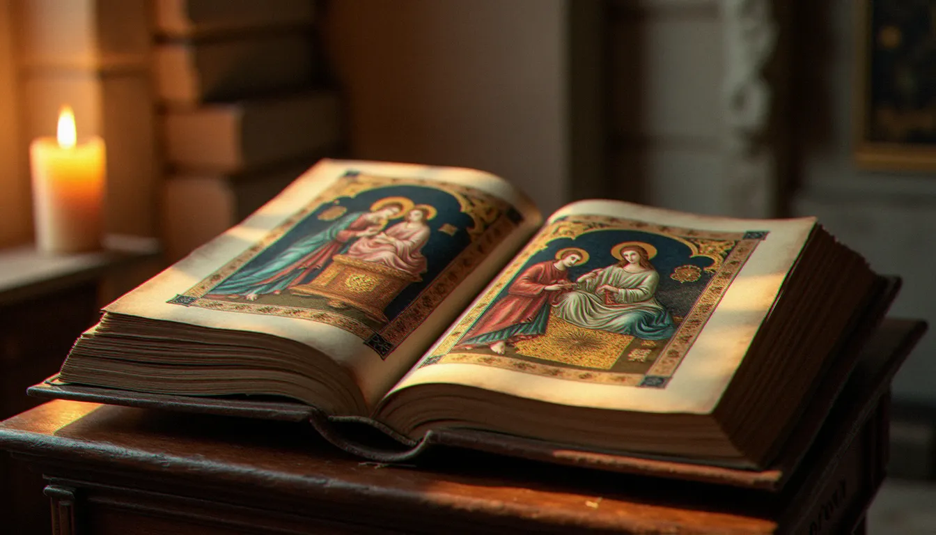 Manuscrit médiéval enluminé représentant une scène biblique de l'Annonciation à la Vierge Marie, éclairé à la bougie dans un scriptorium monastique