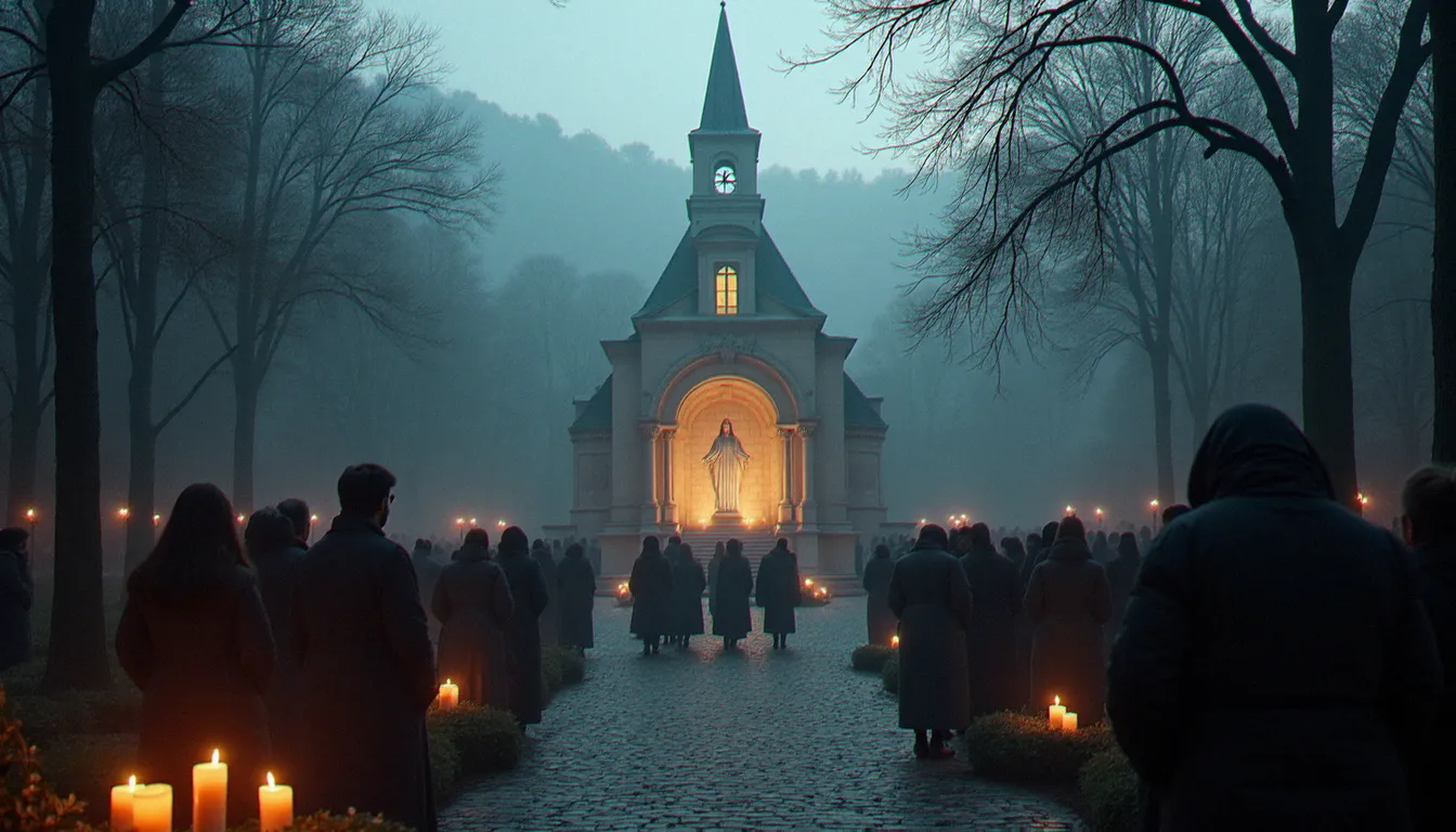 Sanctuaire de Lourdes au petit matin avec la basilique Notre-Dame en arrière-plan et des pèlerins en prière devant la grotte illuminée par des cierges
