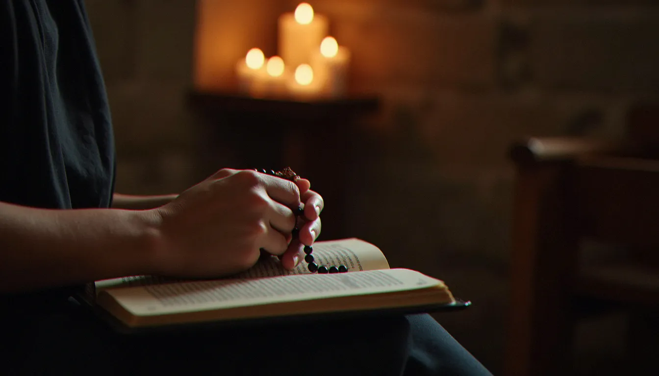 Mains tenant un chapelet et un livret de prière sur une chapeau de bois dans une chapelle catholique, à la lueur d'une bougie