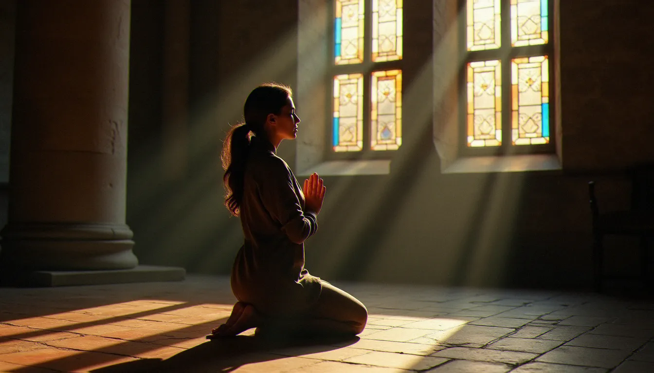 Femme en prière dans une chapelle de pierre, lumière colorée d'un vitrail, atmosphère contemplative évoquant la prière aux cœurs unis de Jésus et Marie