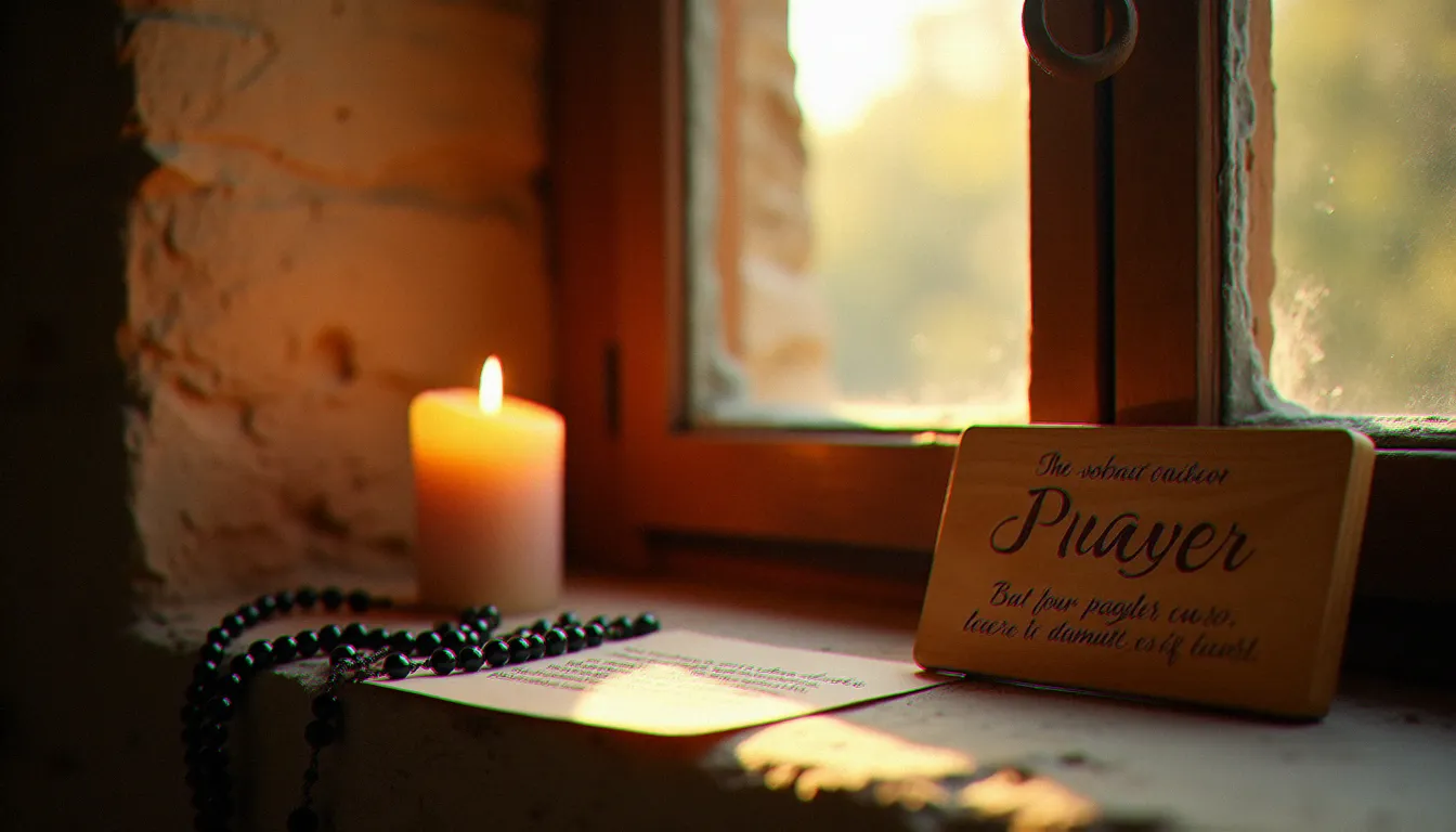 Bougie allumée et chapelet posés sur un rebord de fenêtre en pierre, évoquant un moment de prière et d'intention spirituelle à Marthe Robin