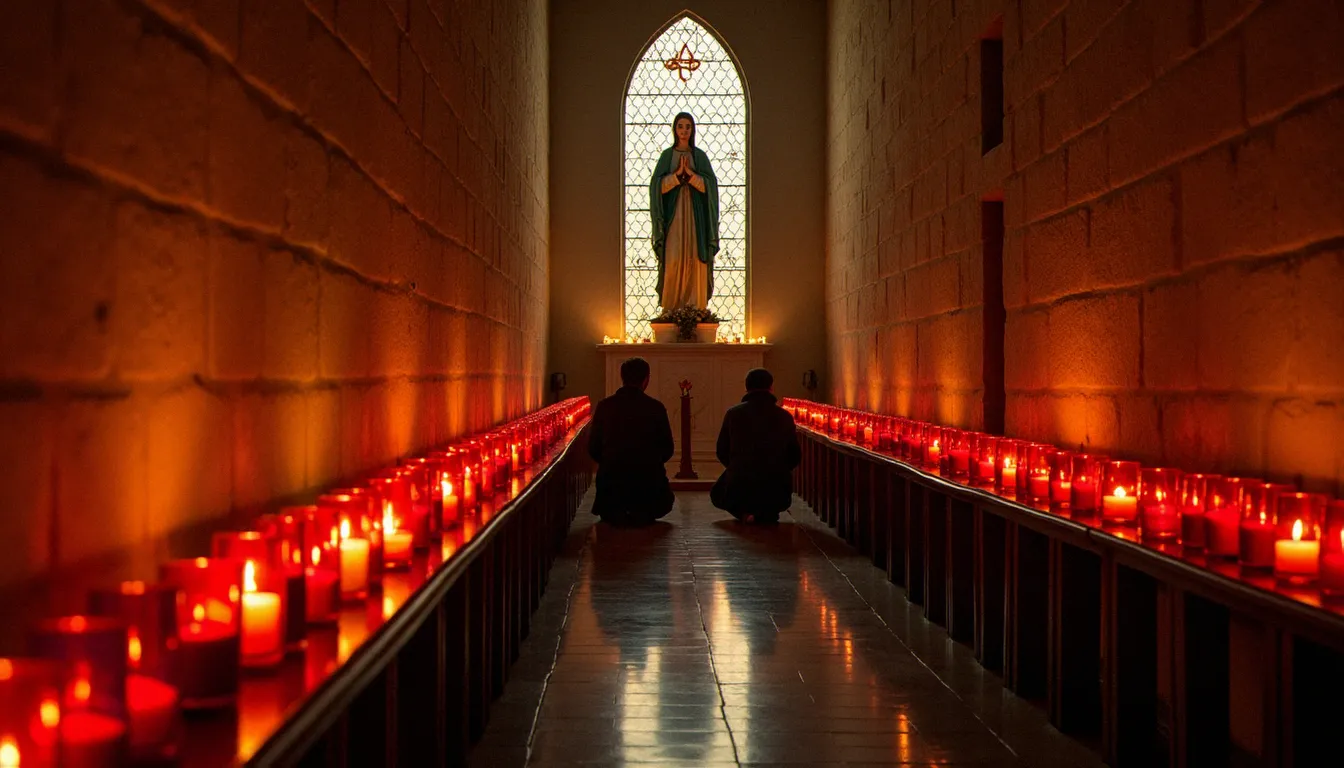 Intérieur d'une église de pèlerinage au crépuscule avec des rangées de cierges allumés et des fidèles en prière devant une statue de Notre-Dame de Medjugorje