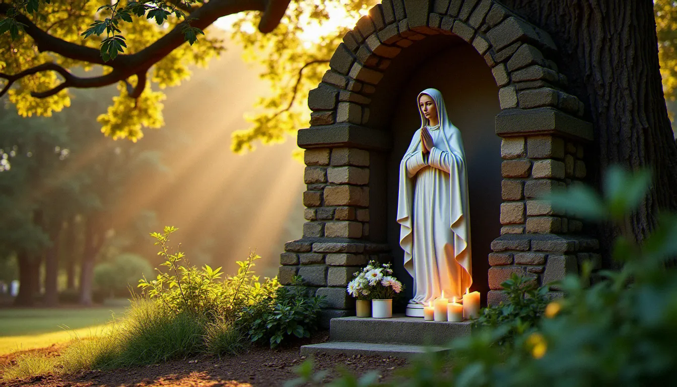 Statue de la Vierge Marie dans une grotte de pèlerinage illuminée par la lumière dorée du soir, évoquant les derniers messages de la Vierge Marie