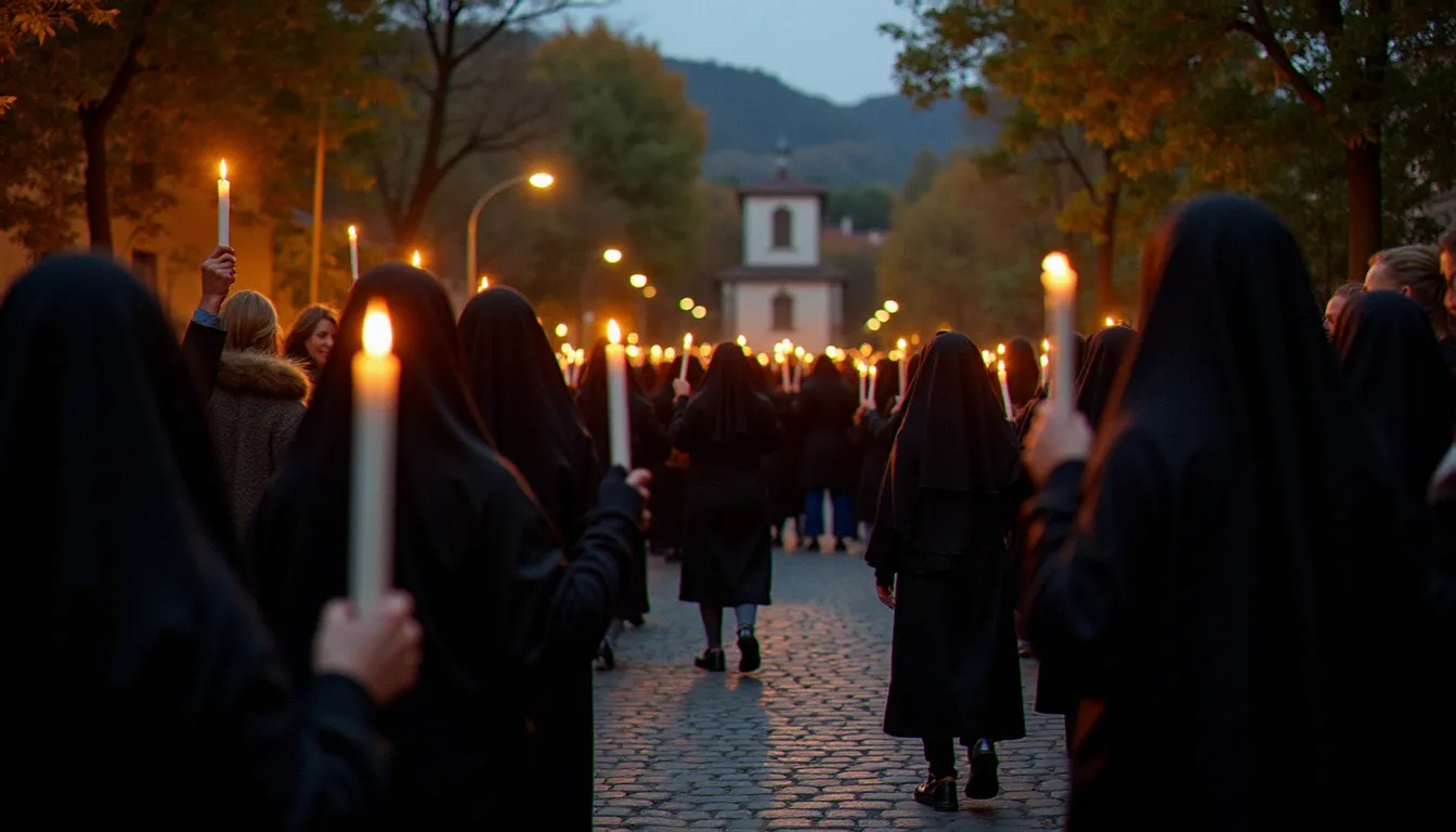 Procession mariale nocturne en automne, fidèles portant des cierges vers une chapelle, évoquant les fêtes de Marie célébrées en octobre