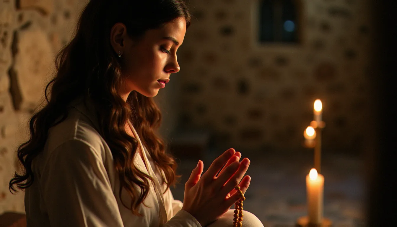 Une femme en prière tenant un chapelet, geste de dévotion mariale associé aux messages de Medjugorje