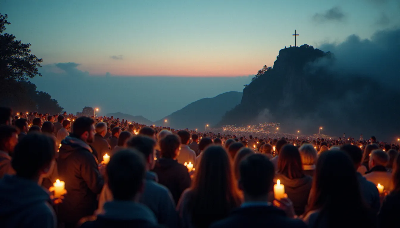 Pèlerins en prière nocturne sur la colline de la Croix à Medjugorje, portant des bougies lors d'une veillée spirituelle