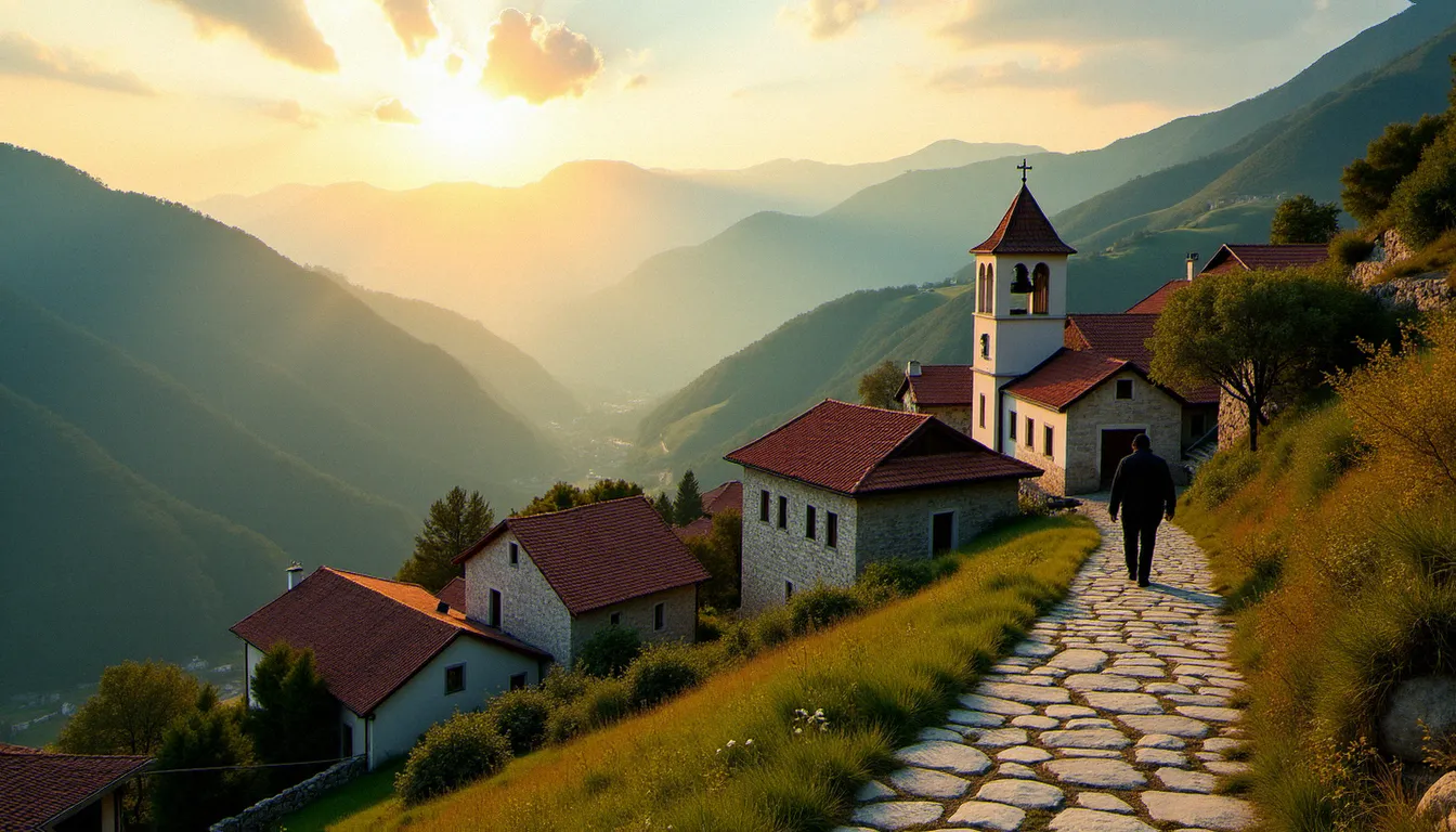 Vue du village de Medjugorje au coucher du soleil, lieu des apparitions et des messages de Marie, avec l'église Saint-Jacques en arrière-plan