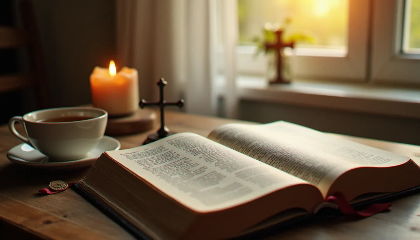 Bible ouverte et bougie allumée sur une table en bois, symboles de la prière personnelle et de la lectio divina comme formes de prière non obligatoire