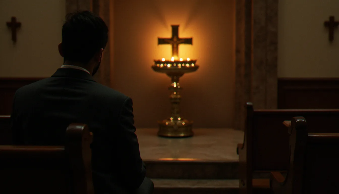 Une personne en adoration devant un ostensoir dans une chapelle, pratique dévotionnelle non obligatoire au cœur de la spiritualité eucharistique catholique