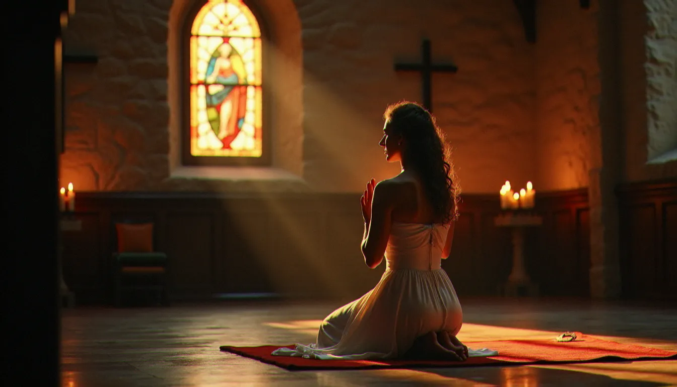 Une femme en prière dans une chapelle catholique, tenant un chapelet, illustrant la pratique de la prière non obligatoire dans la spiritualité chrétienne