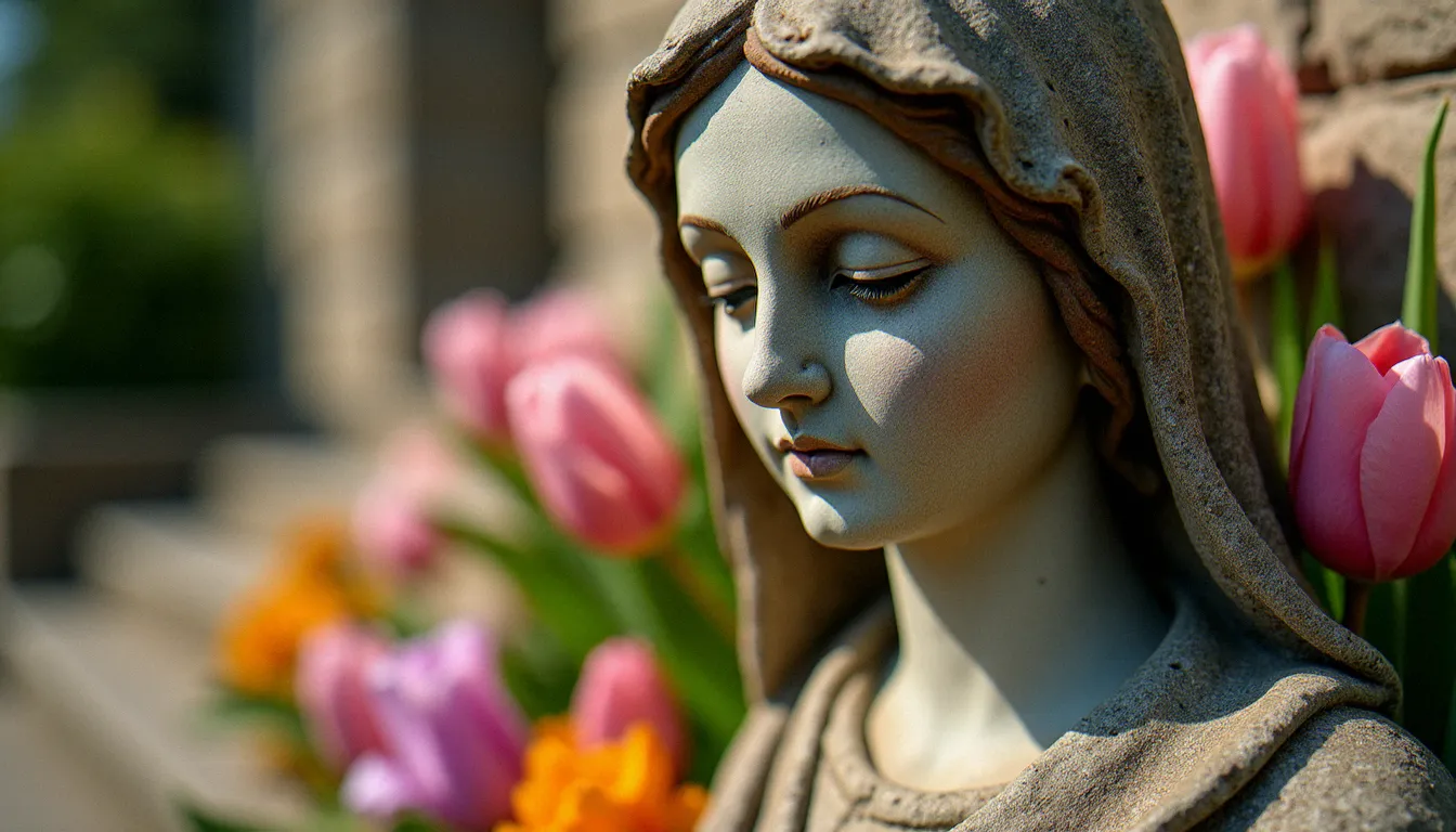Statue de saint en pierre avec des fleurs déposées en offrande, représentant l'intercession des saints dans la prière