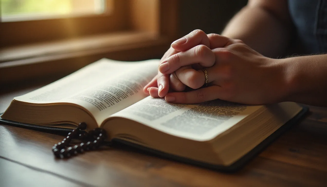 Mains jointes sur une Bible ouverte avec un chapelet, symbole de prière contemplative et d'intercession pour adoucir les cœurs