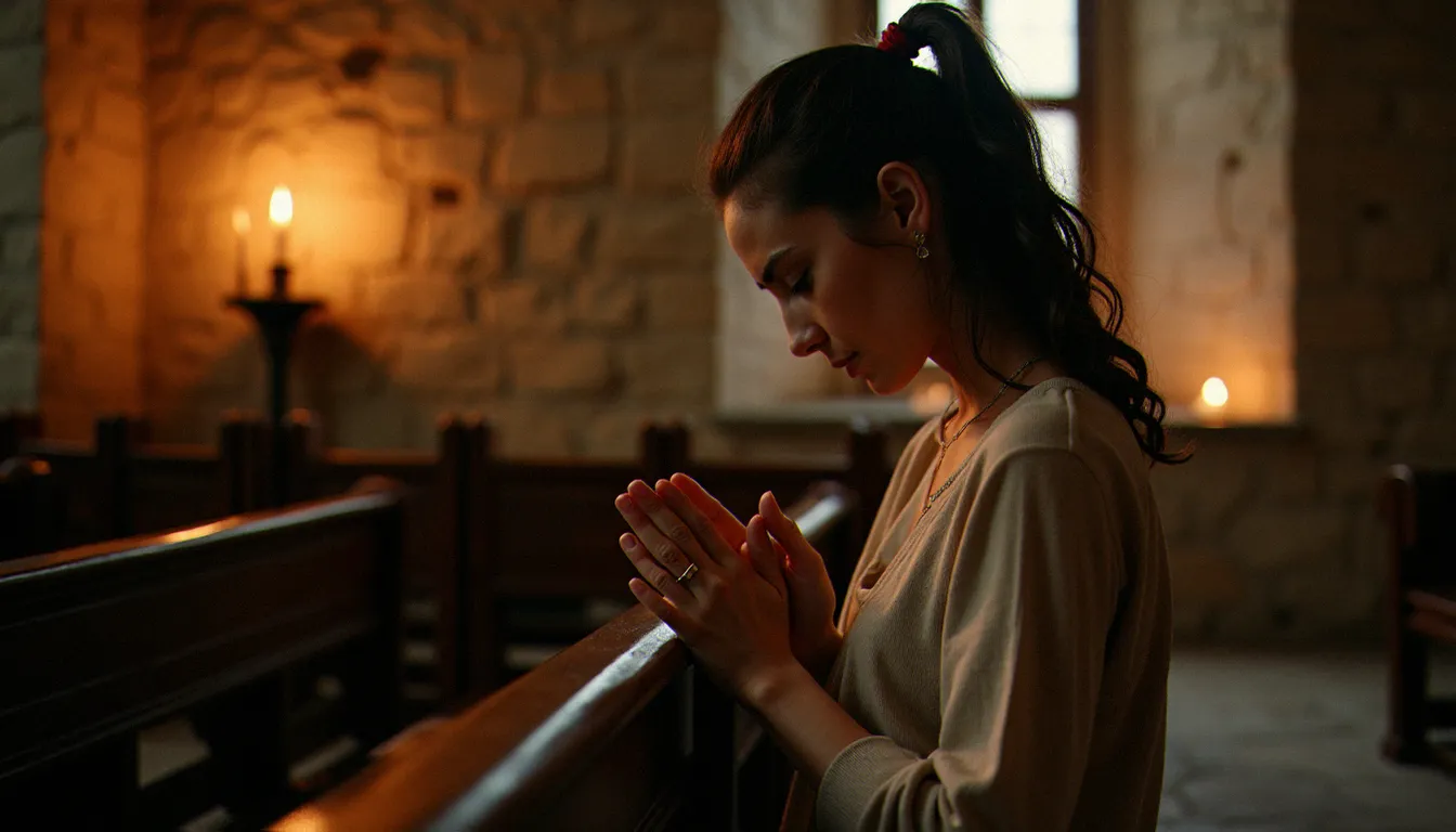 Femme en prière agenouillée dans une chapelle à la lumière des bougies, illustrant une prière pour adoucir une personne