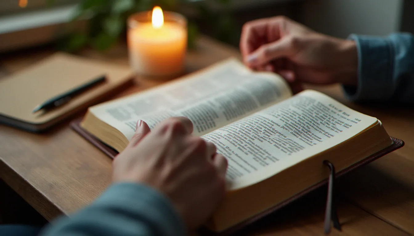 Mains tenant une Bible ouverte à la lumière d'une bougie, symbolisant la pratique concrète de la prière d'écoute avec la Lectio Divina