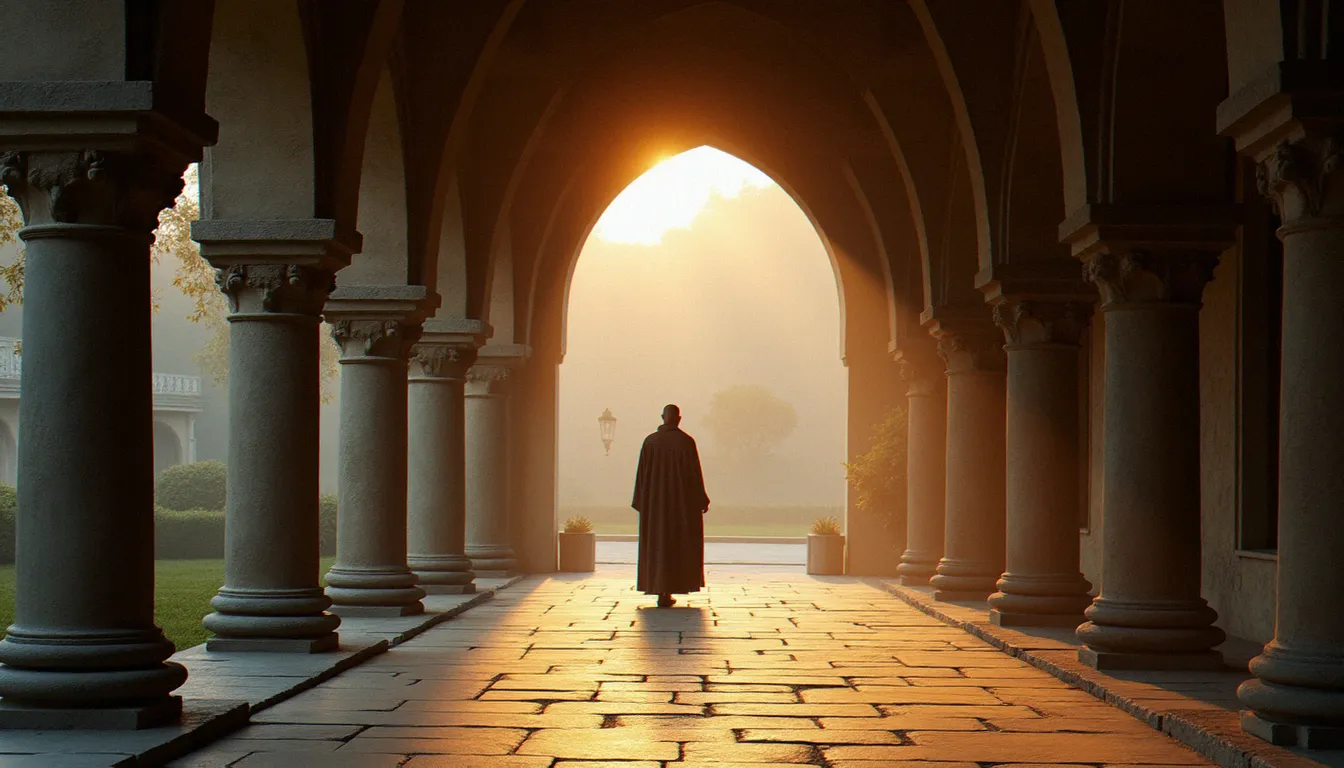 Cloître monastique au lever du jour avec un moine en marche contemplative, évoquant les différentes traditions chrétiennes de prière d'écoute
