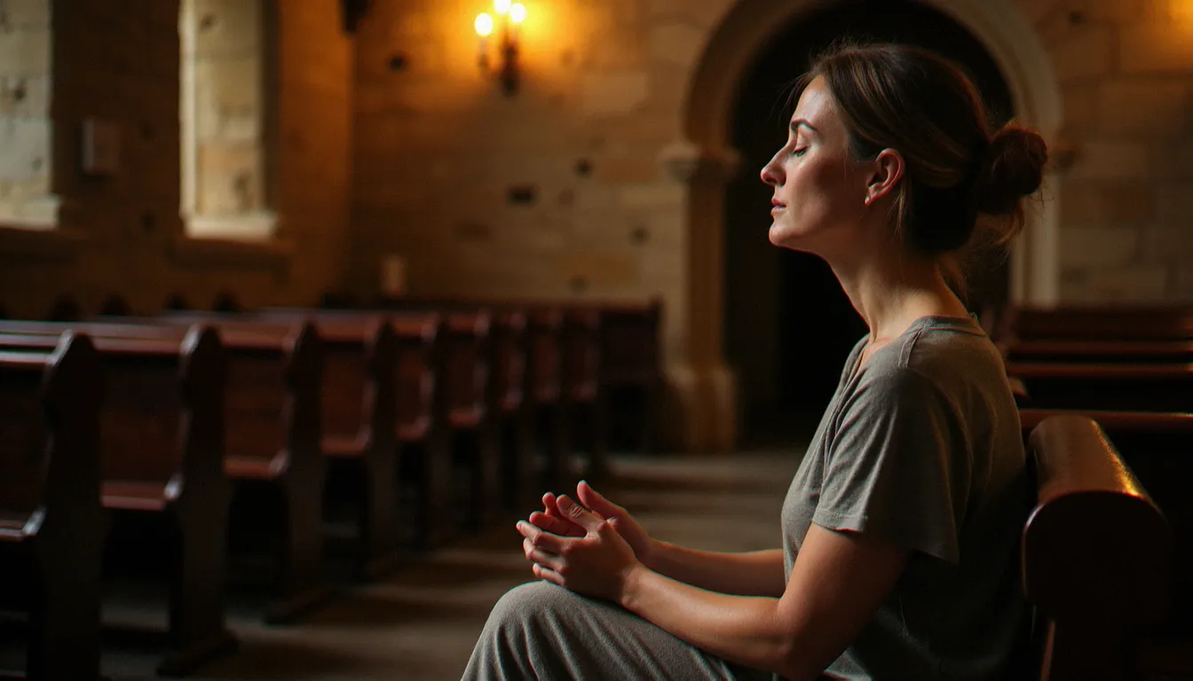 Femme en prière silencieuse dans une chapelle en pierre, illustrant la prière sur l'écoute dans un cadre contemplatif
