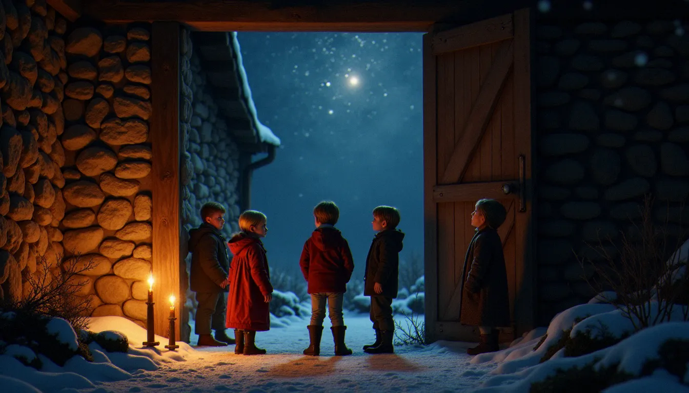 Scène intérieure d'une grange en pierre éclairée à la bougie, avec des enfants regardant le ciel étoilé d'hiver, évoquant le soir de l'apparition mariale de Pontmain le 17 janvier 1871