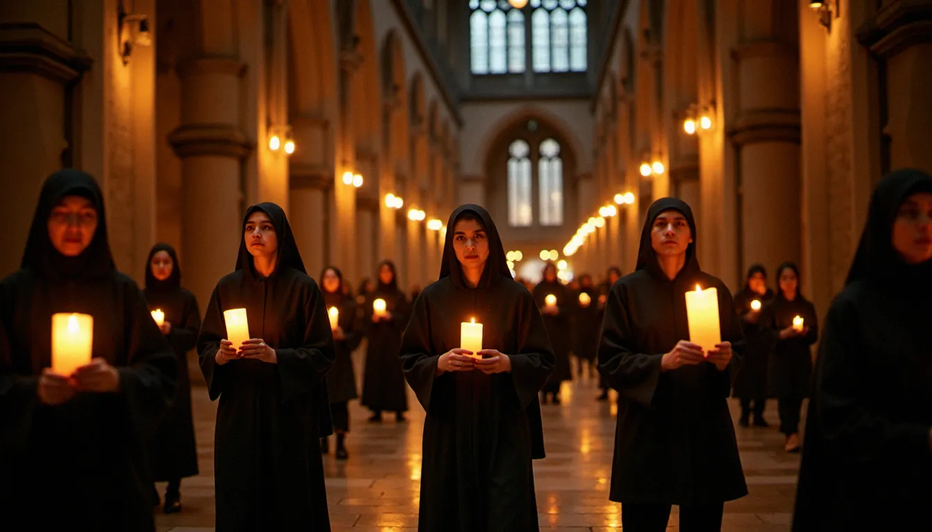 Procession de pèlerins en lumière de cierges à l'intérieur de la basilique de Pontmain, atmosphère recueillie et contemplative lors d'une célébration mariale
