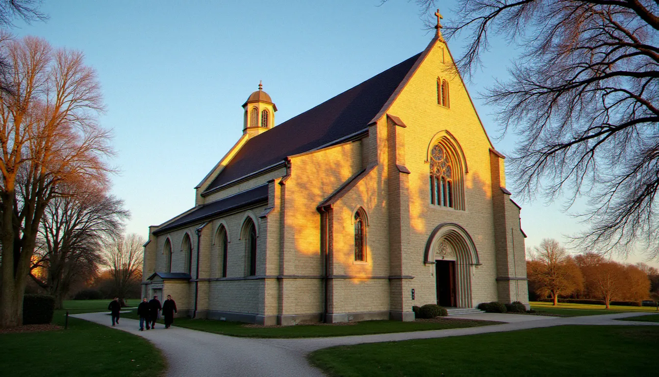 Vue extérieure de la basilique Notre-Dame de l'Espérance à Pontmain, sanctuaire marial de Mayenne, au coucher du soleil avec des pèlerins sur le parvis — lieu de référence de www sanctuaire pontmain com