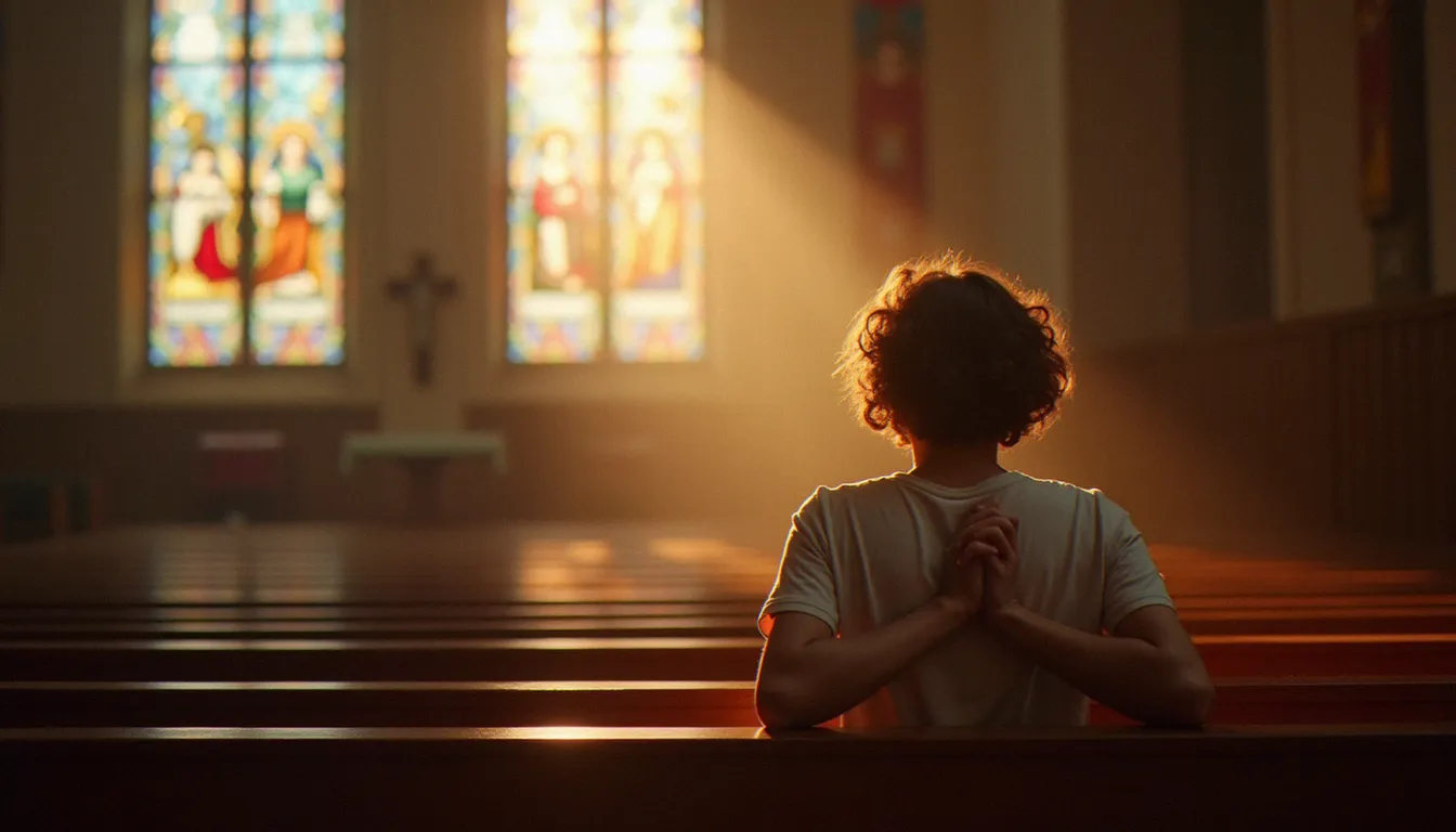Intérieur d'église avec lumière douce, personne en prière de remerciement