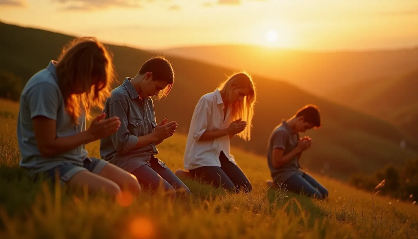 Jeunes pèlerins en prière sur une colline au coucher du soleil, illustrant la spiritualité de Medjugorje