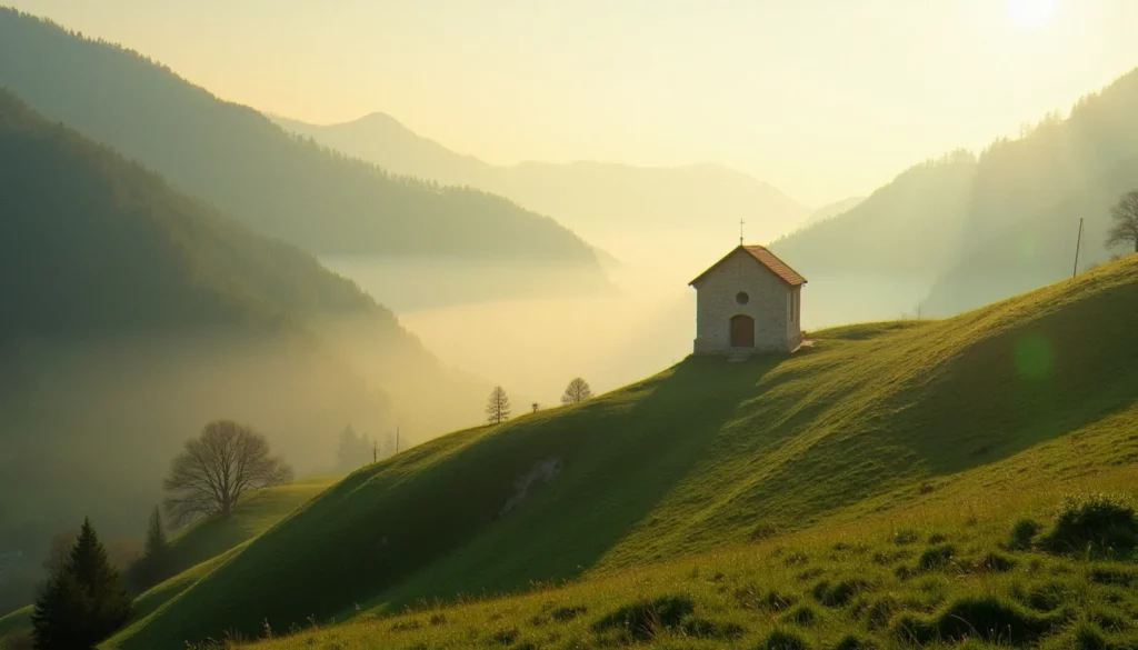 Paysage de collines en Bosnie-Herzégovine au lever du soleil, évoquant le lieu des apparitions de Marie Medjugorje