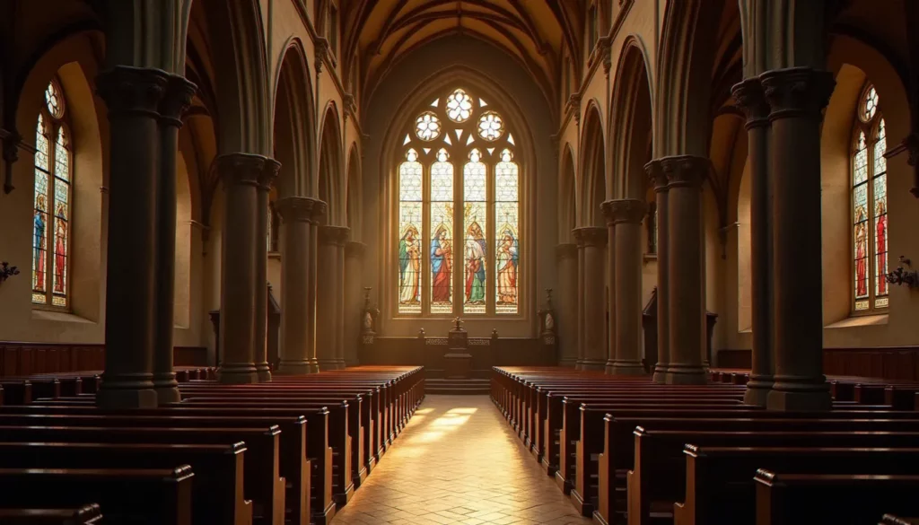 Intérieur de la basilique Notre-Dame de Laval avec vitraux représentant la Vierge Marie, lumière naturelle douce
