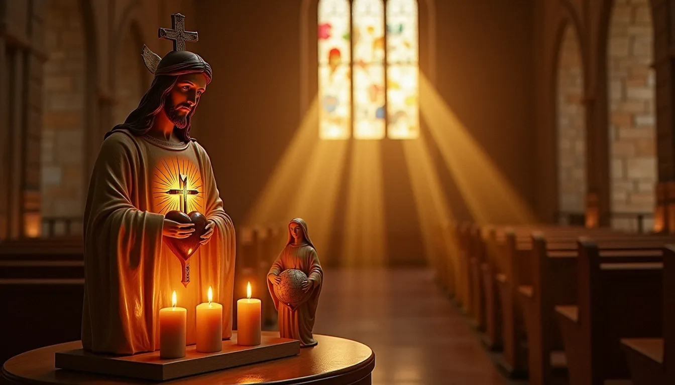 Illustration d’une chapelle éclairée à la bougie autour des figures de Jésus et de Marie