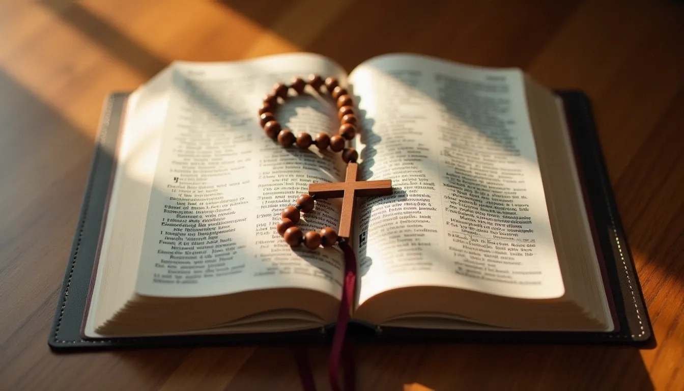 Bible ouverte sur l'Évangile de Luc avec un rosaire, origine biblique du salut marie