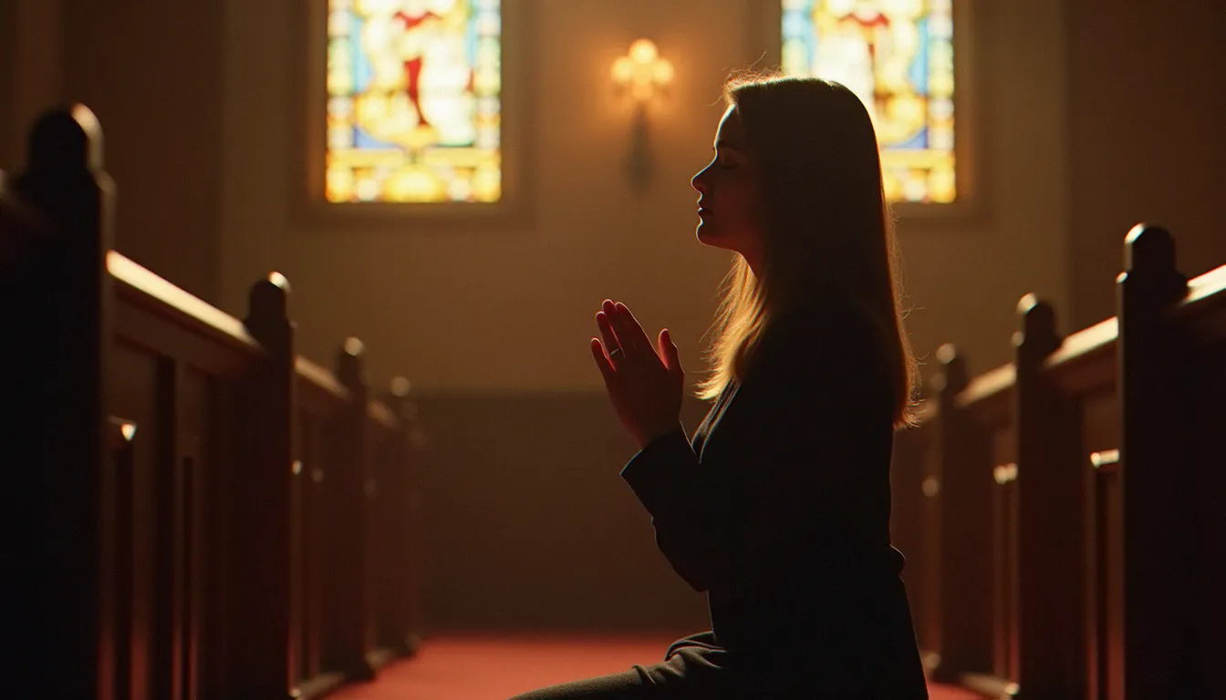 Femme en prière dans une église, illustrant la pratique du salut marie